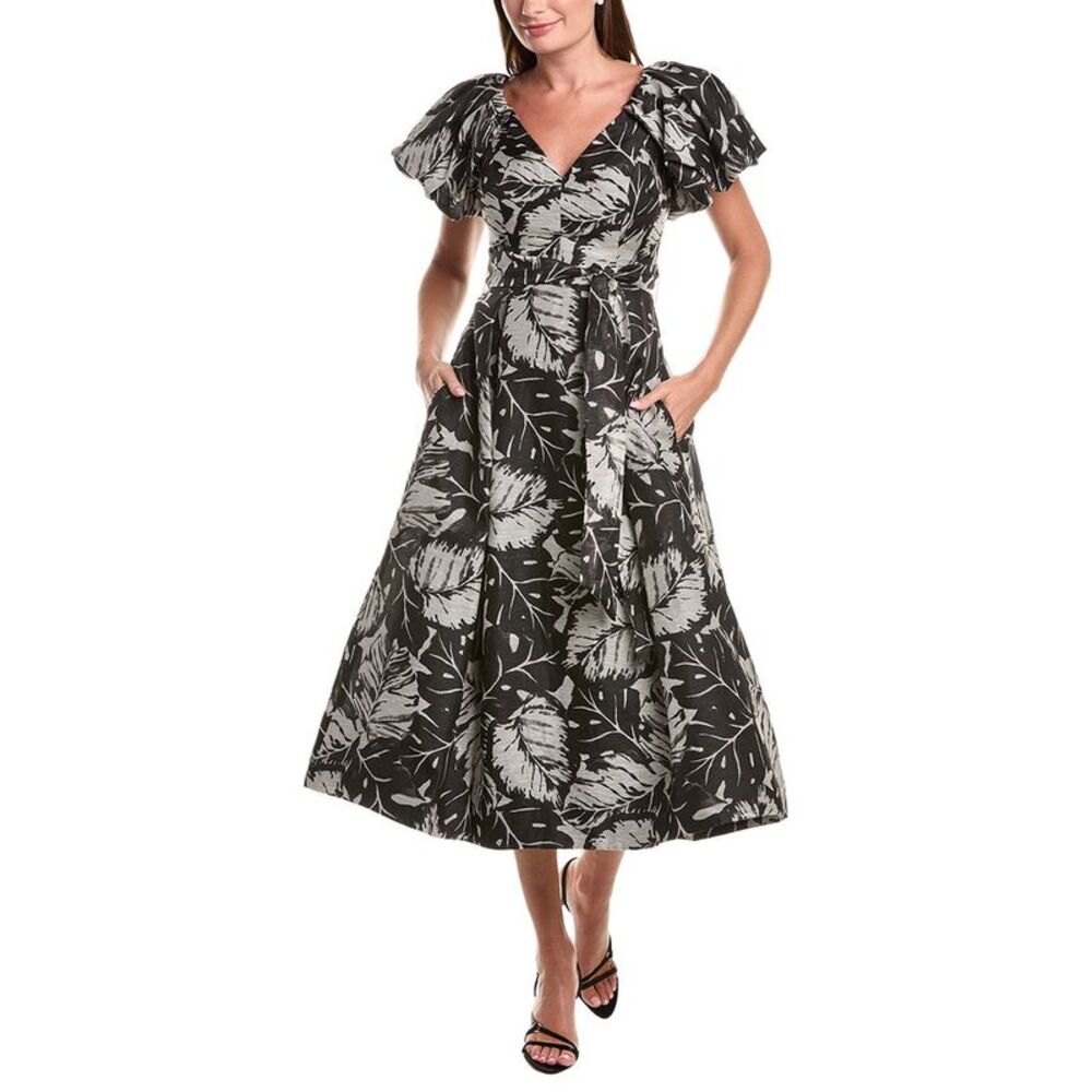 Teri Jon By Rickie Freeman Womens V-Neck Puff Sleeve Pleated Silk & Linen-Blend